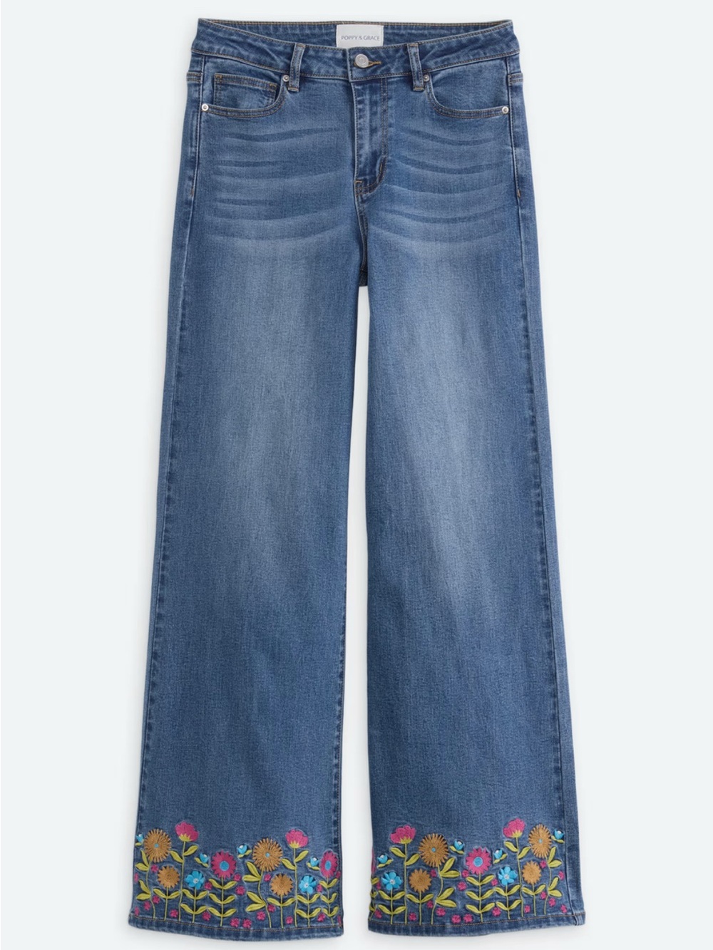 Embroidered Hem Wide-Leg Jeans in Blue by No Label